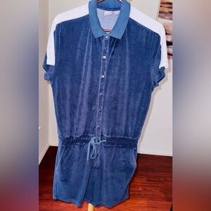 ASOS Navy Terrycloth Romper with Drawstring Waist and Polo Collar - Size M